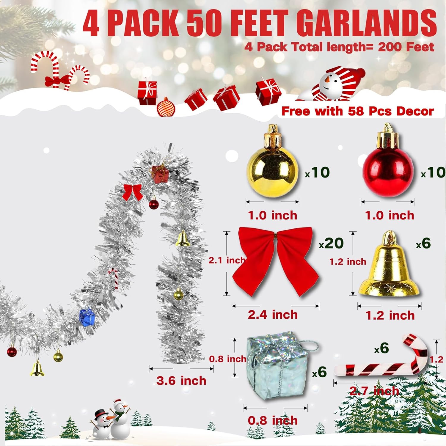 4 Pack Silver Tinsel Garland - 200Ft Metallic Hanging Tinsel for Christmas Tree, Home & Party Decorations Indoor/Outdoor