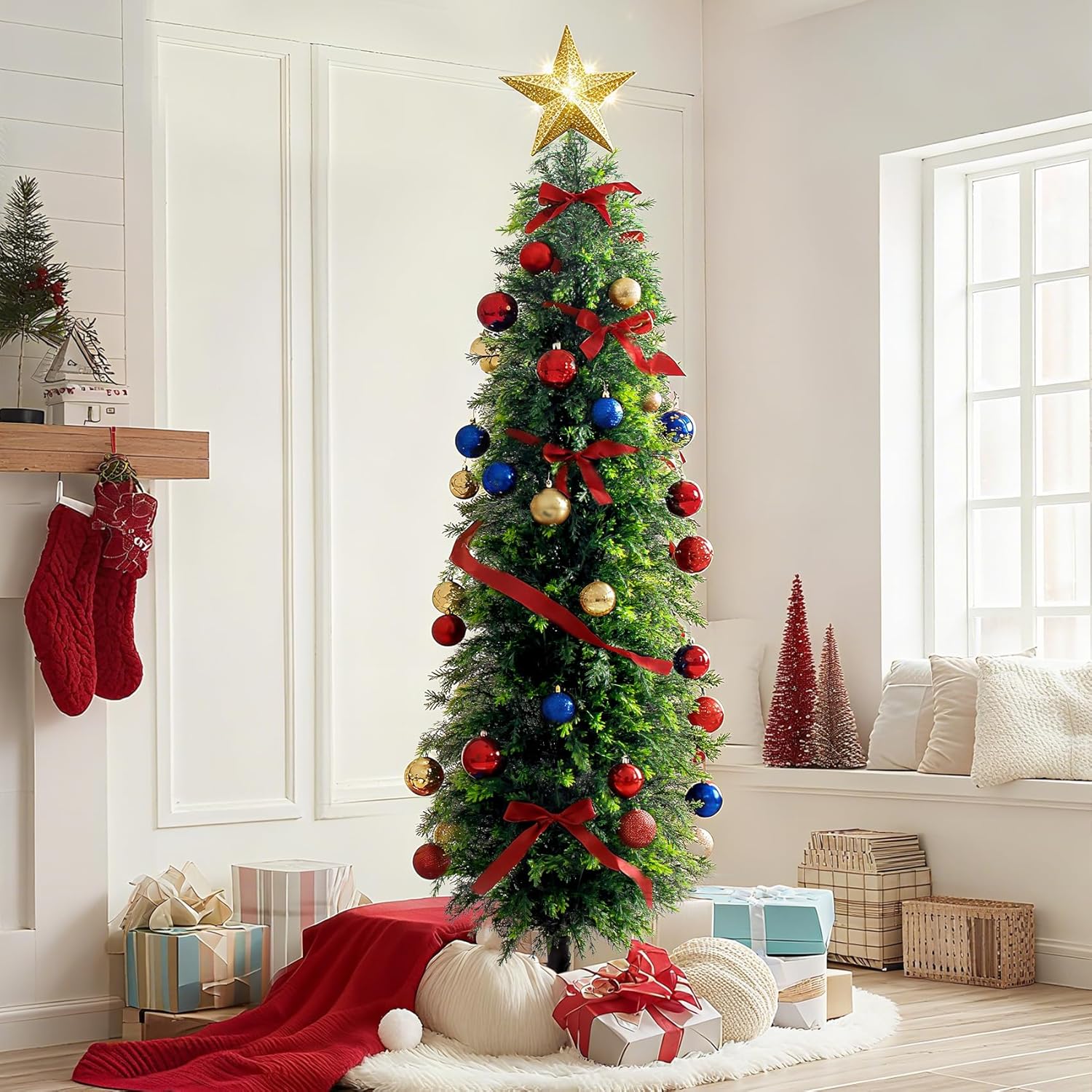 2PCS 6ft Artificial Norfolk Pine Tree Artificial Christmas Tree Premium Pine Xmas Tree Branch Tip Easy Setup, Artificial Pencil Realistic Pine Needles Realistic Holiday Party Decor
