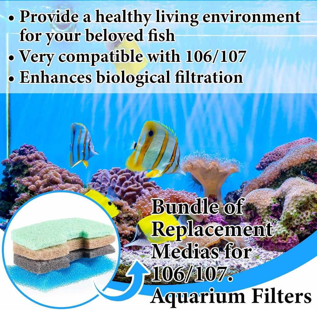 40 Pcs Aquarium Filters Set Compatible with 106/107 Replacement Filter Media Kit, Including Biological Sponge Foam, Ammonia/Phosphate/Nitrite Remover