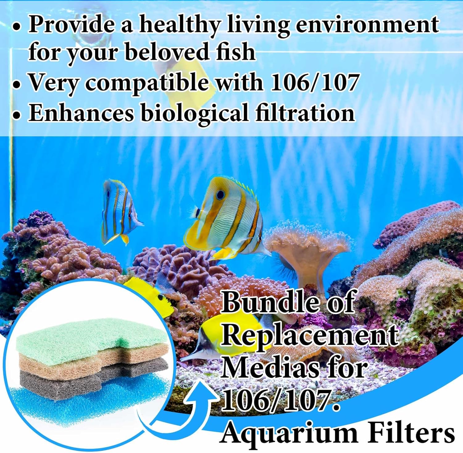 40 Pcs Aquarium Filters Set Compatible with 106/107 Replacement Filter Media Kit, Including Biological Sponge Foam, Ammonia/Phosphate/Nitrite Remover