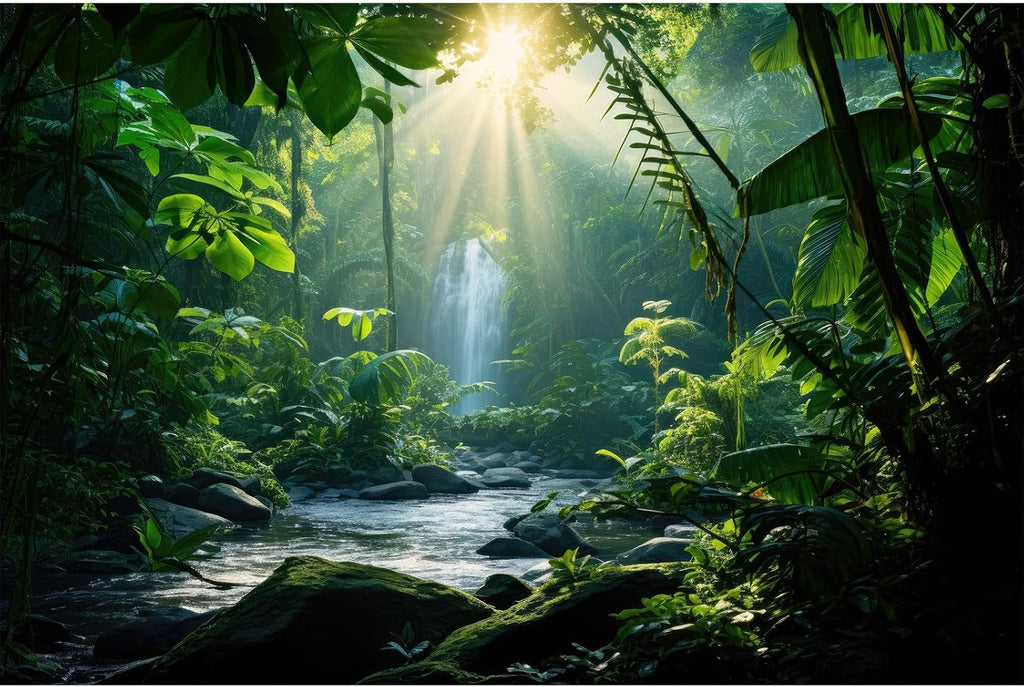 Jungle Aquarium Background Waterfall Lush Green Jungle Plants Terrarium Background Stream Big Rocks with Moss Fish Tank Background Natural Jungle Forest Landscape Aquarium Backdrop Vinyl 30x12in