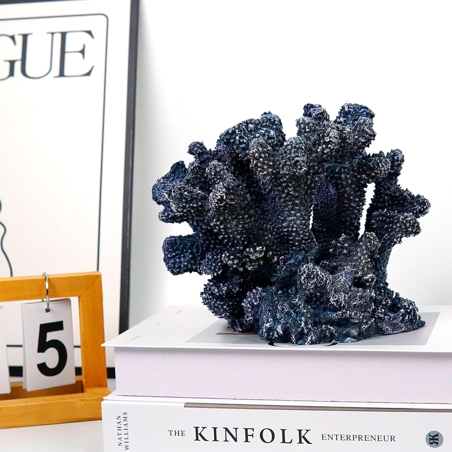 Coral Beach Decor, 7'' High x 8.6'' Width Artificial Resin Coral Reef Statue for Ocean Coastal Beach Nautical Themed Room Bathroom Decor for Home, RB1005B, Blue