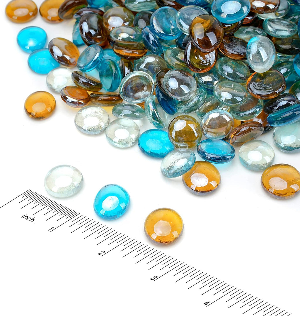 Skyflame 10-Pound Blended Fire Glass Beads for Fire Pit Fireplace Landscaping, 1/2-Inch High Luster Caribbean Blue, Crystal Ice, Caramel