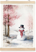 FDHSPAAM Christmas Cute Snowman Wall Art Decor, Rustic Christmas Decor, Holiday Pink Tree Snowy Forest Winter Scene Wall Art Posters for Home Bedroom Living Room, 12x16 Inch