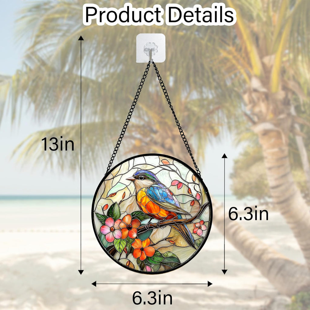 Stained Glass Window Hanging, Blue Bird Pink Flower Suncatcher Diamond Glass Panel Bird Sun Catchers Decor for Birthday for Women, Men, Wife, Aunt, and Mom 6.3 in