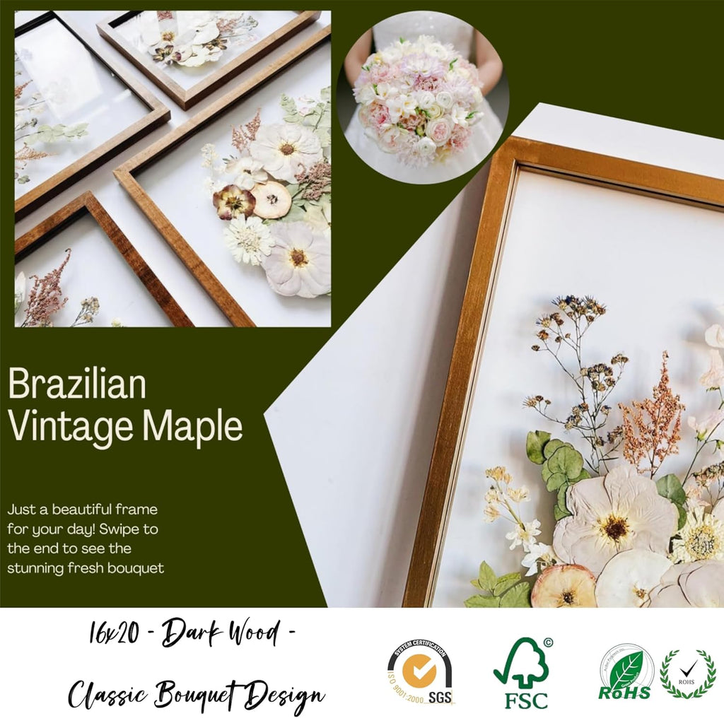 Floating Frame 16x20 Real Double Glass Floating Picture Frame 18x24 Shadow Box Pressed Flowers Frames Floater Maple Wood Frame 16x20 Bouquet Frames For Wedding Memory