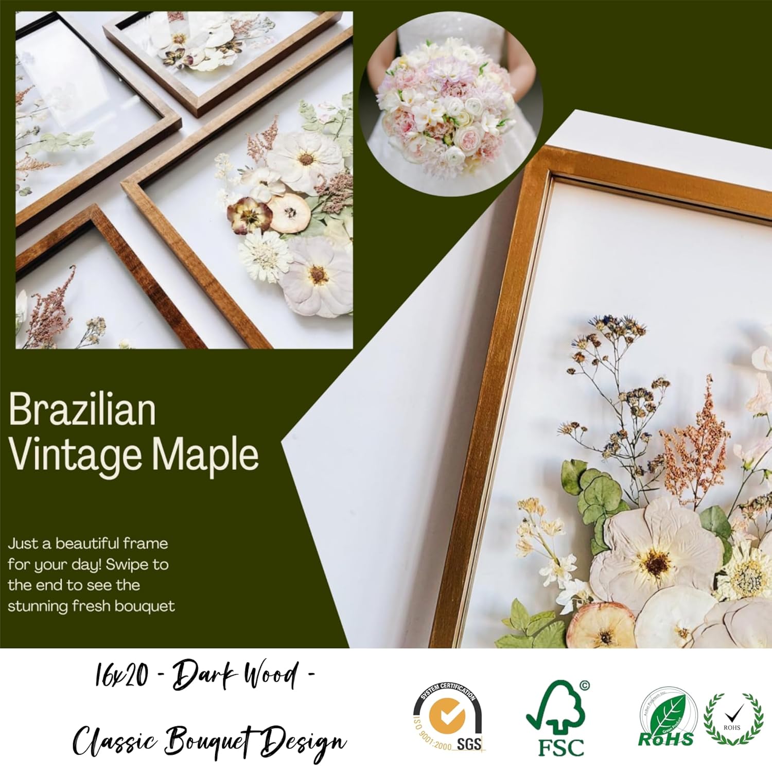Floating Frame 16x20 Real Double Glass Floating Picture Frame 18x24 Shadow Box Pressed Flowers Frames Floater Maple Wood Frame 16x20 Bouquet Frames For Wedding Memory