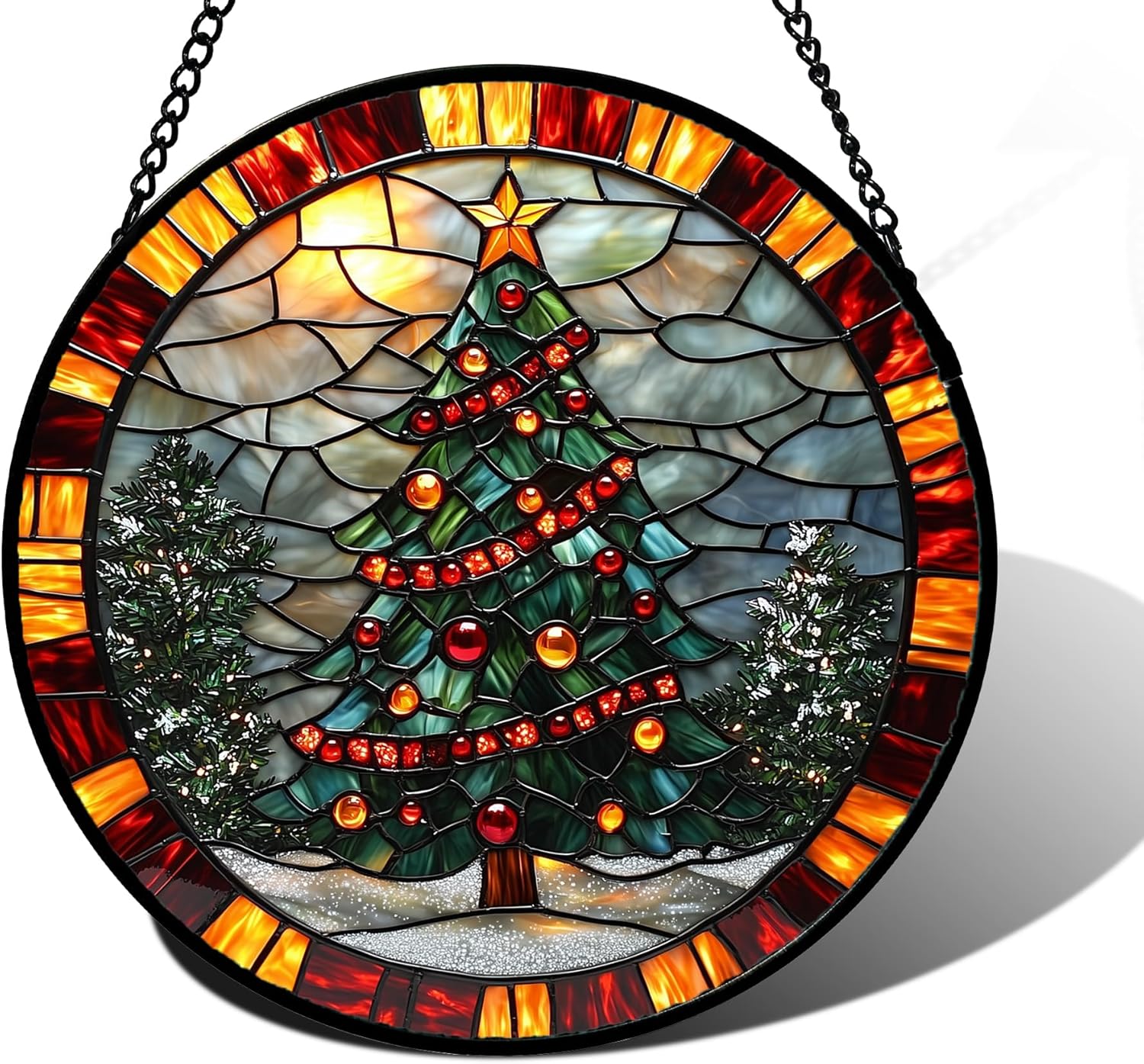 Stained Glass Window Hanging - Winter Christmas Tree Suncatcher Ready to Hang Window Doors Home Decoration, Christmas, Mother's Day Birthday Gifts for Women, Men, and Mom 11.8x11.8 in