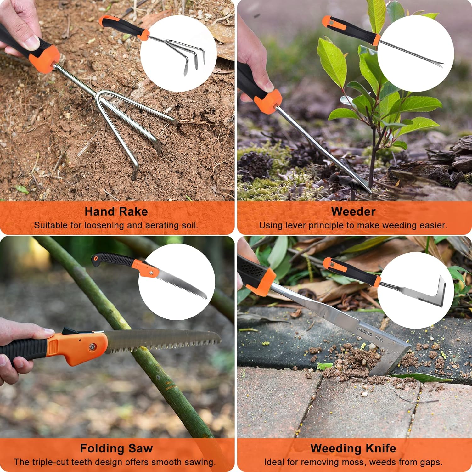 Garden Tools Set, Carsolt 10 Piece Stainless Steel Heavy Duty Gardening Tools Set for Planting Pruning Gardening Kit with Durable Gardening Bag Gloves Gift Box Ideal Garden Gifts for Women Men(Orange)