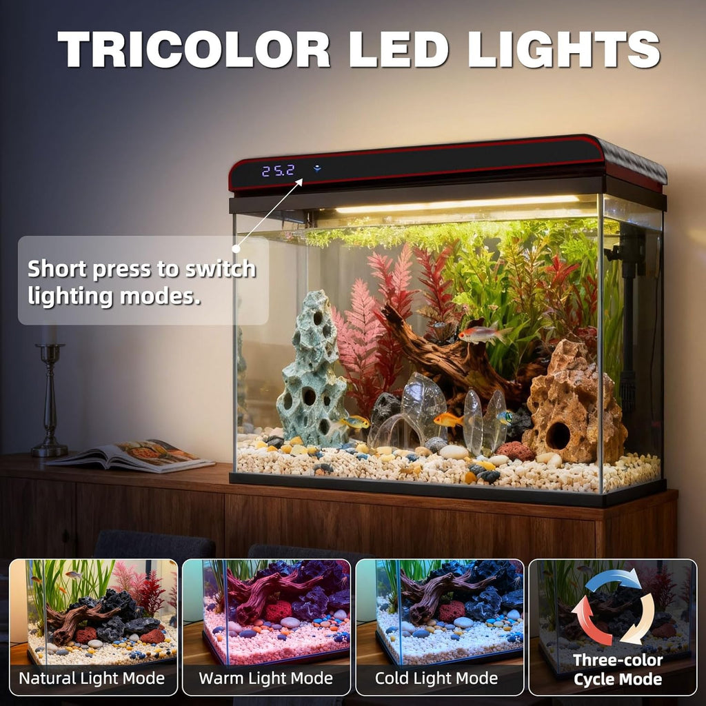 Coospider 20 Gallon Fish Tank, Glass Aquarium Starter Kit, with Ultra-Quiet Filter Pump, 3-Color LED Lights, Self-Cleaning Aquarium with Temp Monitoring for Betta Fish, Shrimp, Kids Gift Idea