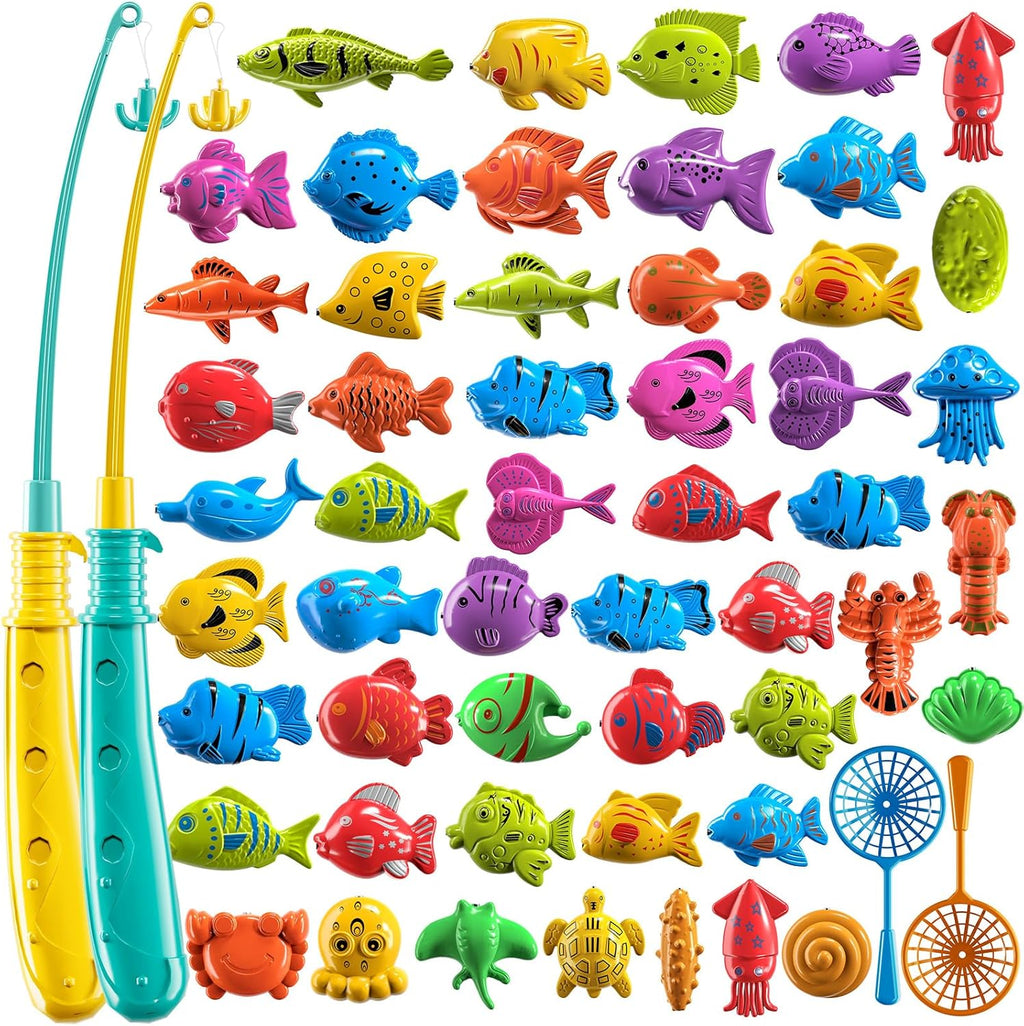TEMI Fishing Toy Game for Kids 3 4 5 6 7 8 Years Old, 51 Fish Bath Playset for Toddlers, Toy Magnetic Rod and Fishing Net, Outdoor Water Toys for Kids Age 3-5, Party for Boy and Girl