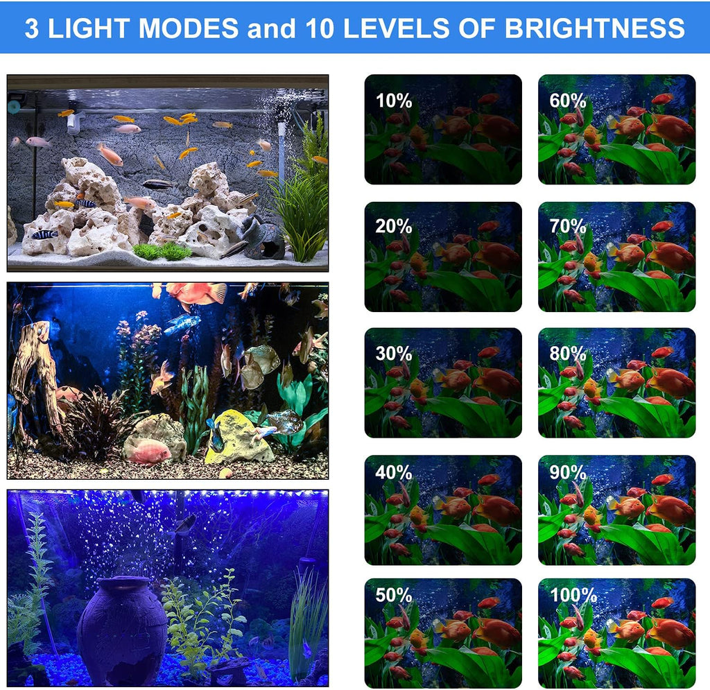 VARMHUS Submersible LED Aquarium Light,Fish Tank Light with Timer Auto On/Off Dimming Function,3 Light Modes Dimmable White-Blue,10 Brightness Levels Optional&3 Levels of timed Loop Function 7.5''