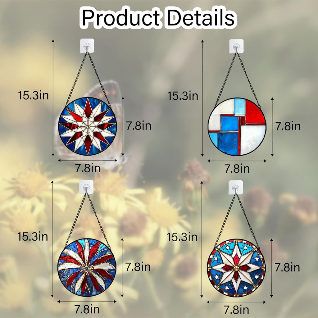 Stained Glass Window Hanging 4 Pcs Set Abstract Flowers in Red White Blue 7.8" - Suncatcher Door Garden Sun Catcher Decor Birthday Mother's Day Xmas Gift for Mom Woman Nana Men Parents