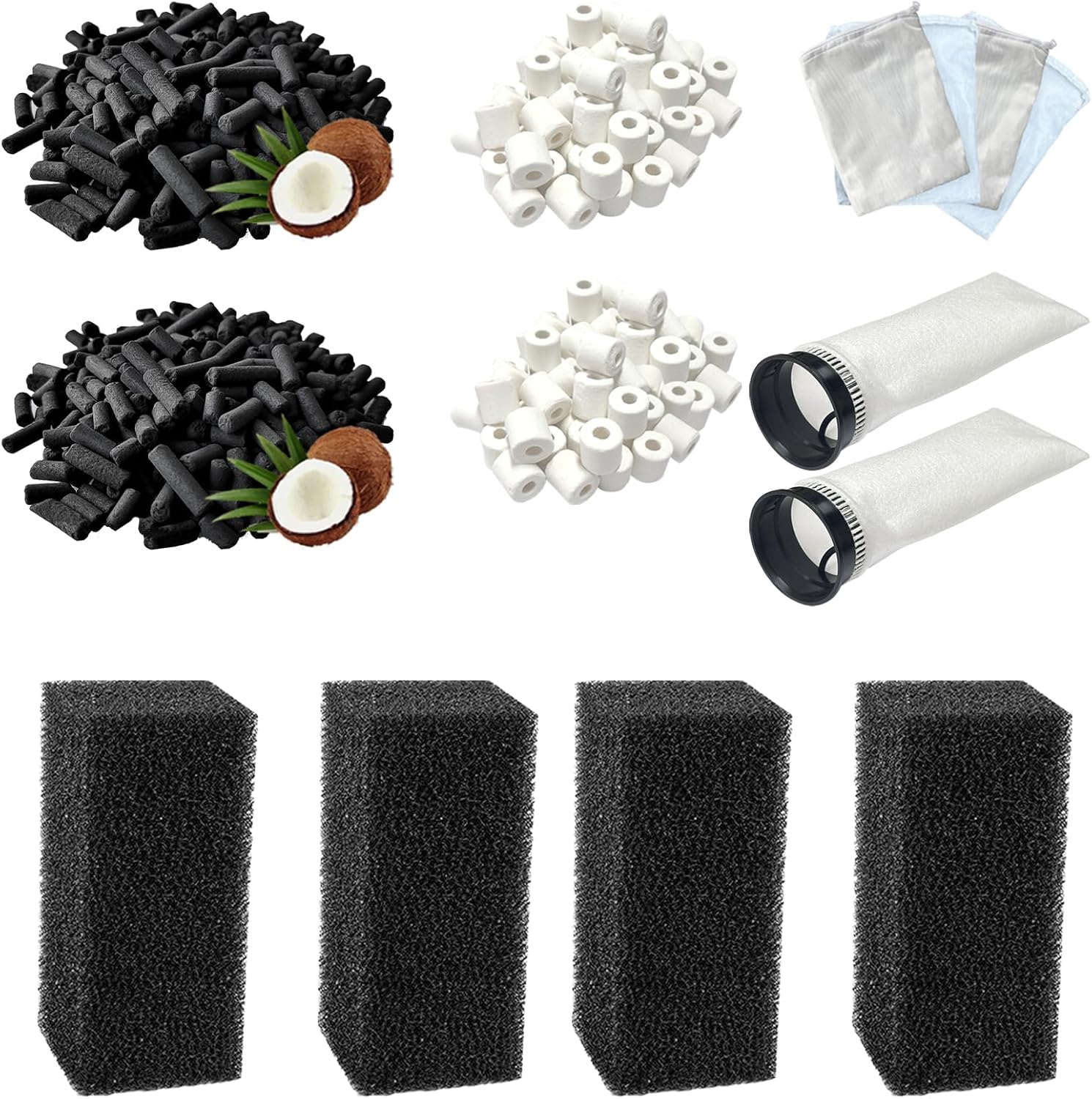 14 PCS Filter Media Maintenance Set Replacement for Waterbox AIO 20 CUBE and AIO 25 PENINSULA Aquarium Filters, Includes 2.75 Inch Filter Socks, Carbon Pellets, Ceramic Rings, AIO Filter Sponges