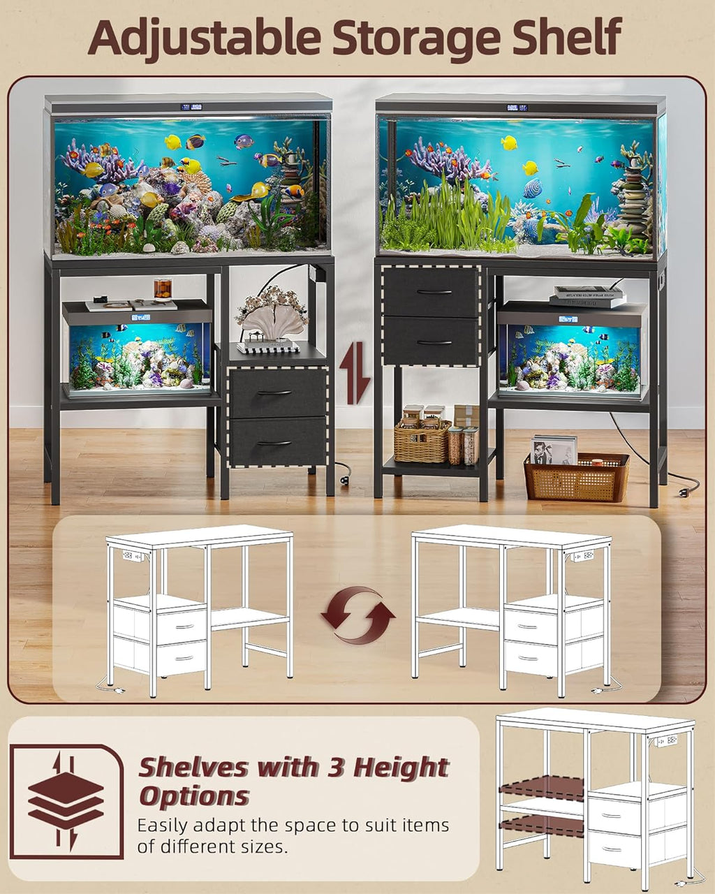 TIQLAB 20-29 Gallon Multi - Tier Aquarium Stand with Storage Drawers & Shelf, Sturdy Metal Frame for Fish Tanks with Power Outlet, 30.7" L*13.8" W Tabletop, Black