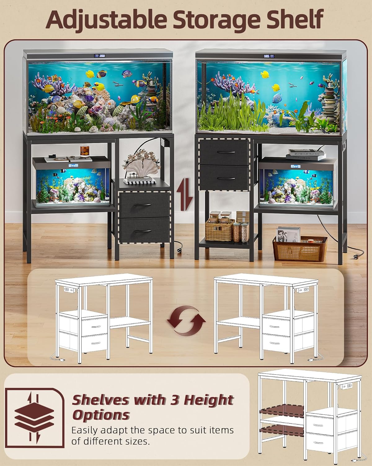TIQLAB 20-29 Gallon Multi - Tier Aquarium Stand with Storage Drawers & Shelf, Sturdy Metal Frame for Fish Tanks with Power Outlet, 30.7" L*13.8" W Tabletop, Black