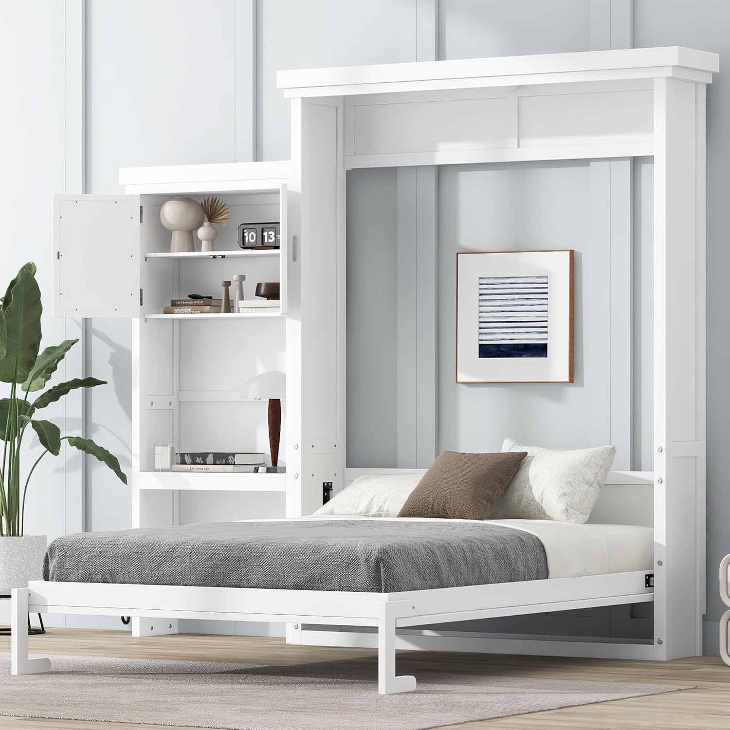 Merax Queen Size Murphy Bed with Multiple Storage Shelves,Wall Bed with Louvered Style Decoration,White