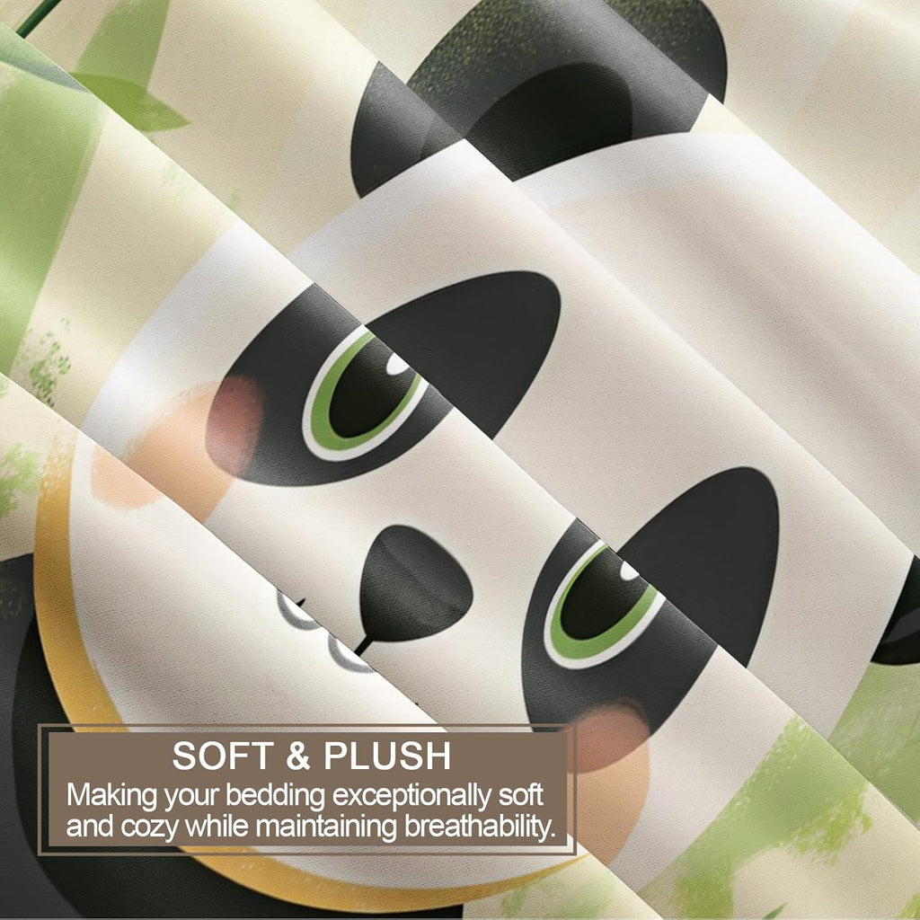 Cute Panda Duvet Cover Twin Size, Watercolor Green Bamboo Bedding Set 2 Piece Kids and Adults Cartoon Panda Comforter Cover with Zipper Ties & 1 Pillowcases