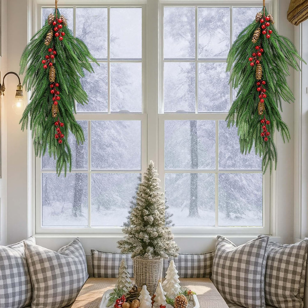 2 Pcs Artificial Christmas Teardrop Swag with Berries and Pinecones, Faux Berry Pine Branch Teardrop Door Swag, Real Touch Norfolk Wreath Greenery Staircase Swags for Xmas Door Mantle Fireplace Decor