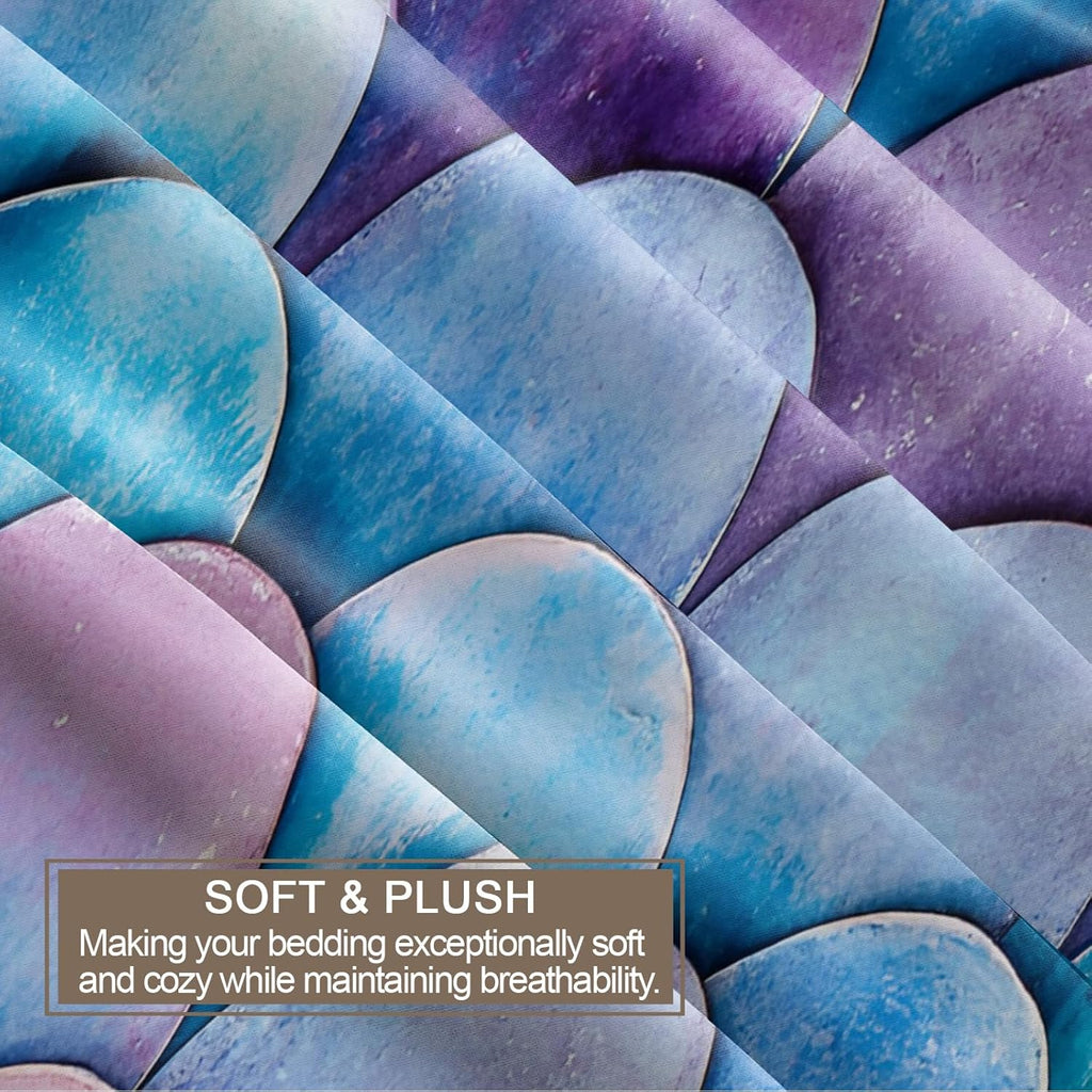Purple Fish Scales Duvet Cover Queen Size, Colorful Scales Bedding Set 3 Piece Bedroom Decor Dream Fairytale Comforter Cover with Zipper Ties & 2 Pillowcases