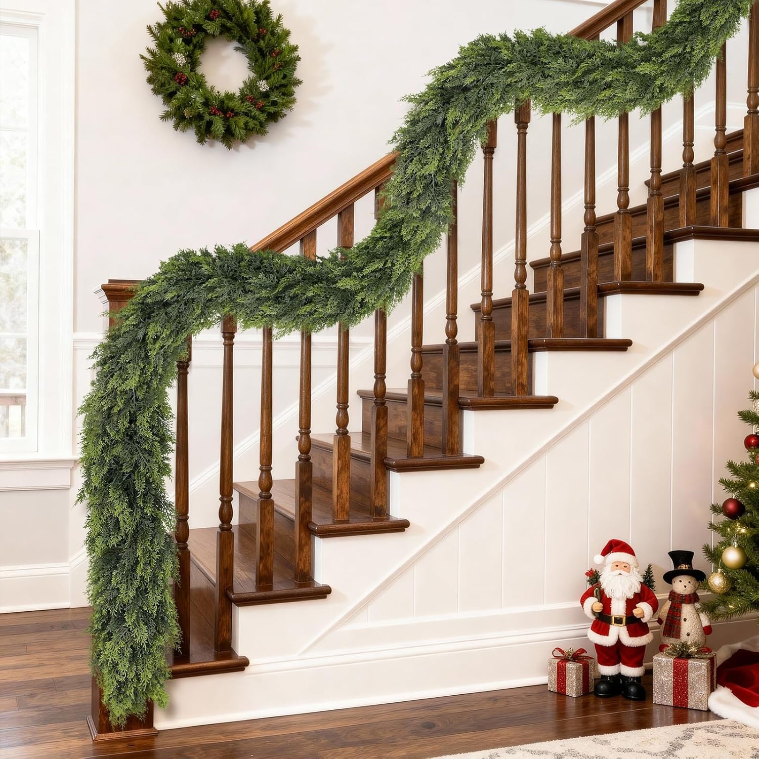 9FT Real Touch Christmas Cedar Garland - 1PCS, Artificial Pine Needles Garlands Realistic Fake Green Faux Garland for Holiday Fireplace,Table,Window,Stairs,Mante,Indoor Outdoor Decor