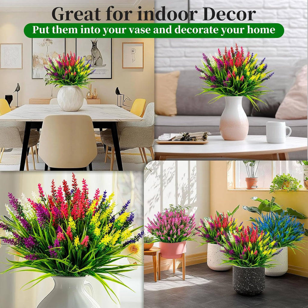 Artificial Flowers for Outdoor Plants 24 Bundles Fake Lavender Plastic Faux Monkey Grass for Verandah Window Garden Office Patio Front Porch UV Resistant for Planter(6 Color)