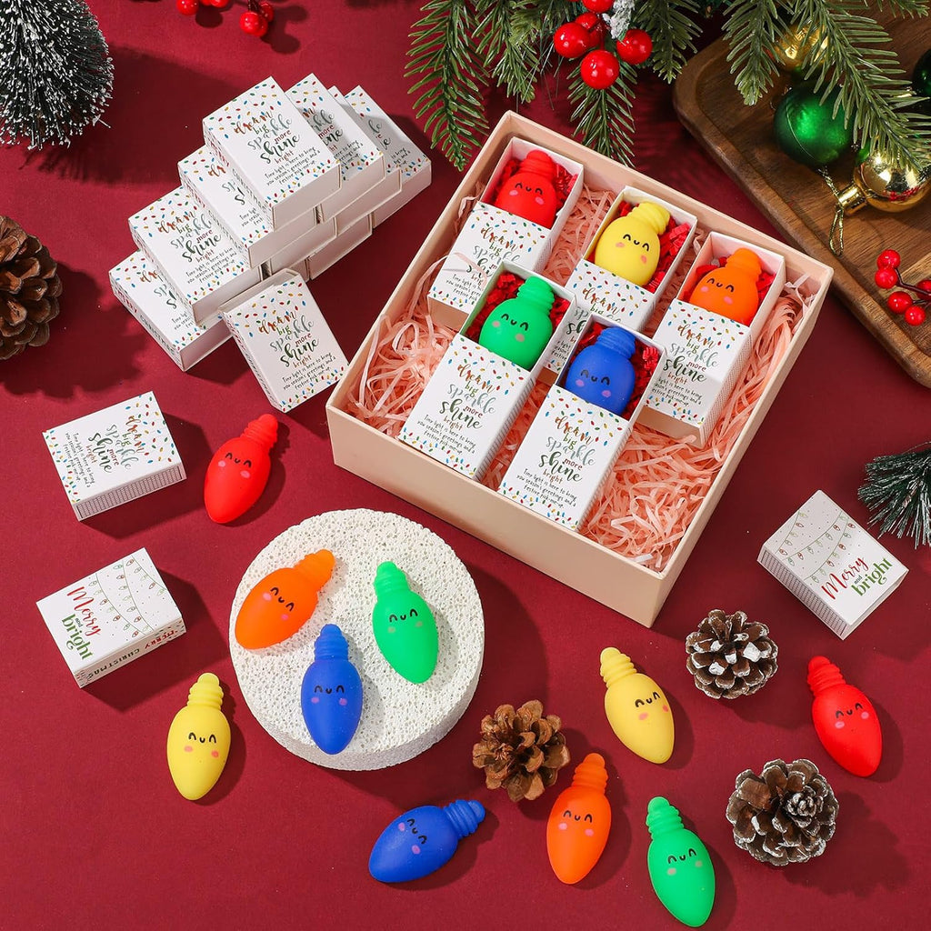 Wettarn 60 Sets Christmas Positive Gifts Light Bulb Stress Balls with Support Gift Boxes Bulk Merry Christmas Party Favors for Employee Coworker Friends Office Relief Toys Stocking Stuffers