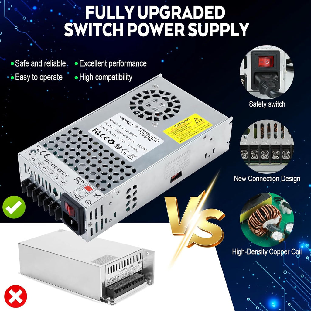VAYALT DC 12V 50A 600W Switching Power Supply, 110V/220V AC to DC Converter, Universal Regulated Switching, 12V Power Supply for CCTV Camera System, 3D Printer, LED Strip, Computer Project
