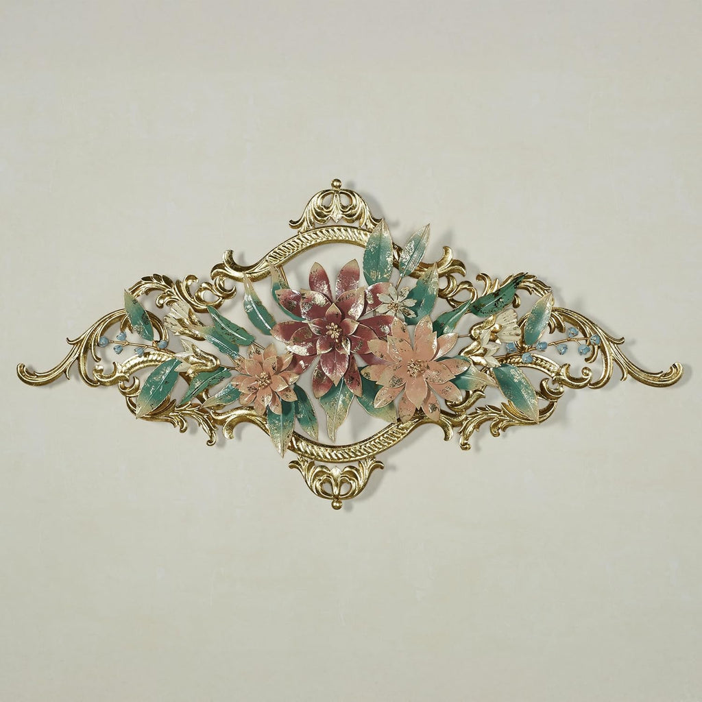 Abylissa Floral Metal Wall Art | Hand-Finished and Hand-Dyed with Pastel-Hued Alcohol Ink | Shimmering Metallic Gold Leaf Detailing | Openwork, Dimensional Flower Wall Sculpture with Regal Scrollwork