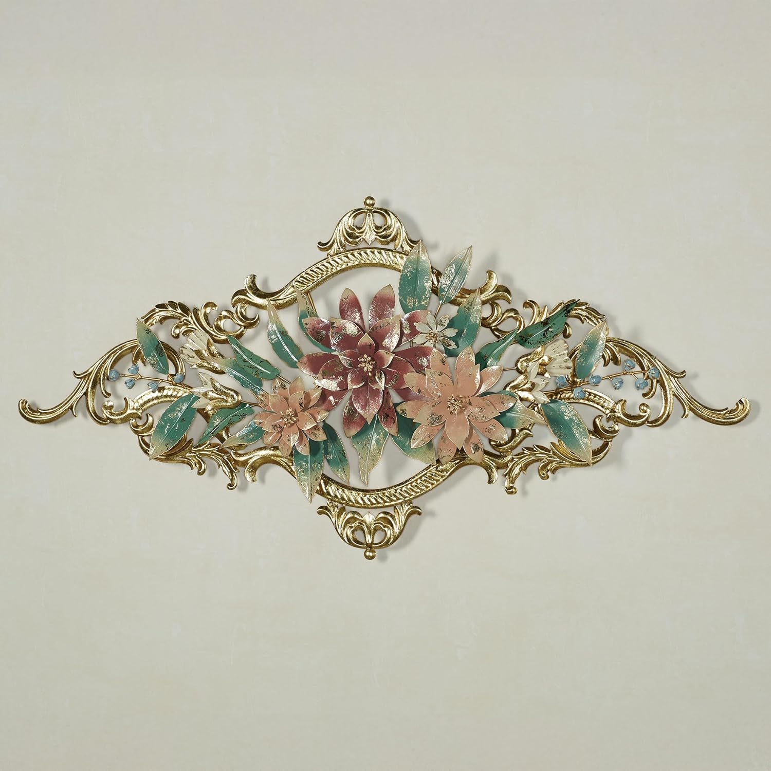 Abylissa Floral Metal Wall Art | Hand-Finished and Hand-Dyed with Pastel-Hued Alcohol Ink | Shimmering Metallic Gold Leaf Detailing | Openwork, Dimensional Flower Wall Sculpture with Regal Scrollwork