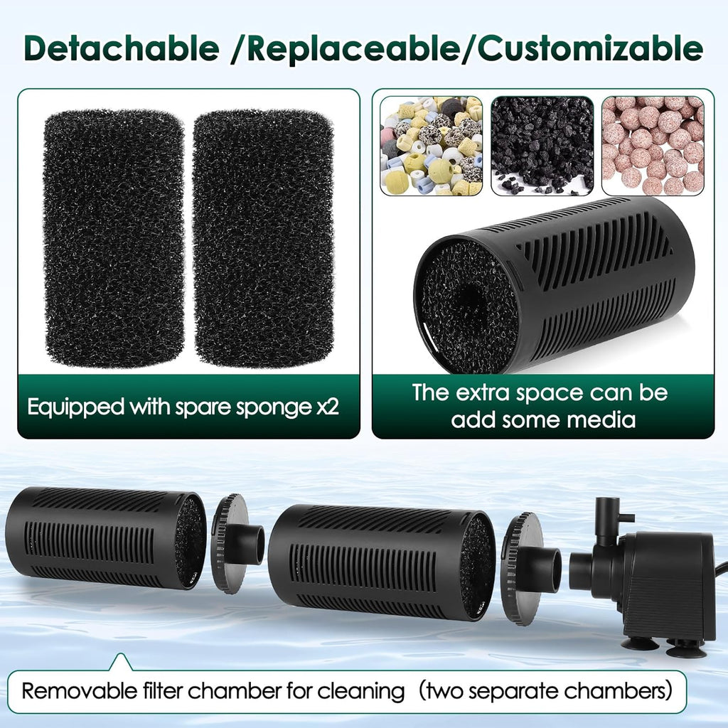 hygger 30-70 Gallon Submersible Aquarium Internal Filter In-Tank Filtration with Aeration for Saltwater and Freshwater Fish Tank Filters 264 GPH