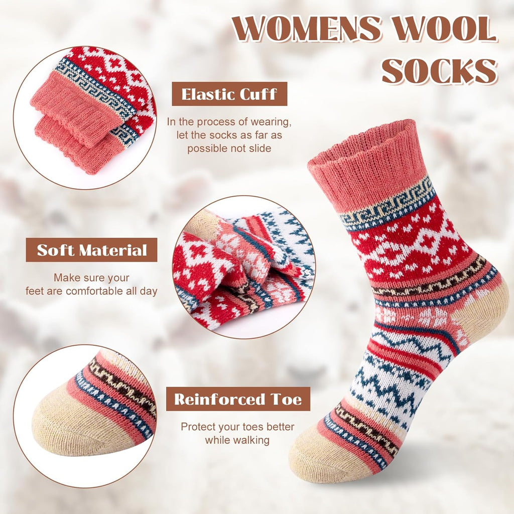 Justay 5 Pairs Wool Socks for Women - Winter Thick Boot Cozy Crew Vintage Soft Calf Knit Warm Socks Gifts