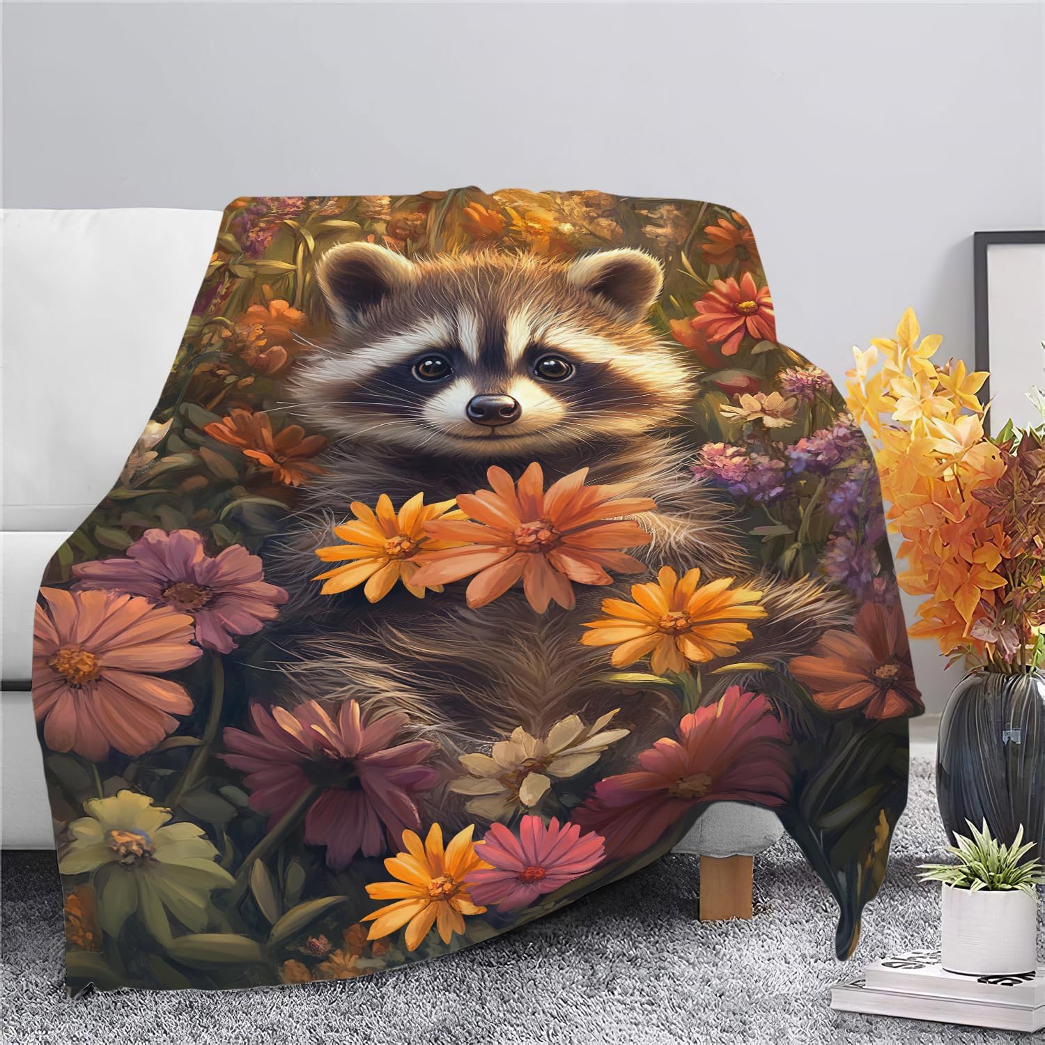 Raccoon Blanket Cute Cartoon Raccoon Throw Blanket Gifts for Girls Women Kids Boys Adults Men Super Soft Cozy Plush Fluffy Fuzzy Fleece Blanket Home Decor 50''X60''