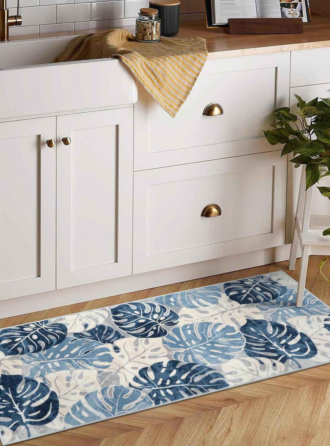 Wonnitar Tropical Washable Runner Rug 2x4.3, Non-Slip Monstera Leaf Blue Kitchen Rug Runner, Soft Low Pile Laundry Room Carpet Non-Shedding Floor Mat for Bedroom Bathroom Bedside