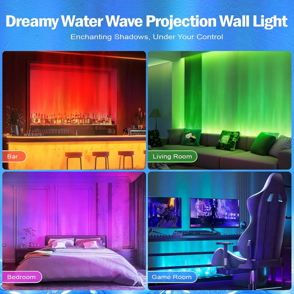 RGBW LED Ocean Wave Lights, Water Wave Projection Wall Light, Cool Ambient Lighting for Bedroom Gaming Room Decor, Romatic Color Changing Show Projector Lamp for Home Men's Lounges Bars
