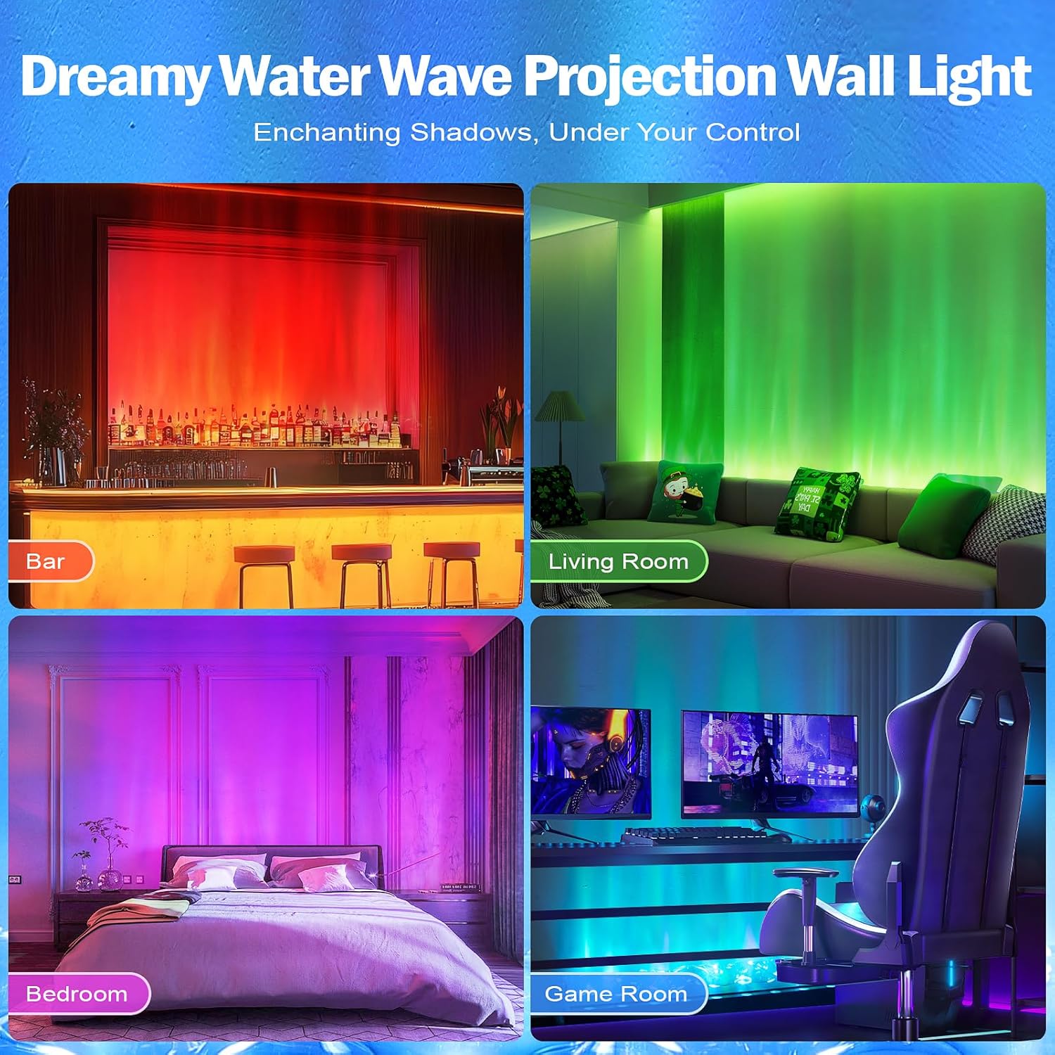 RGBW LED Ocean Wave Lights, Water Wave Projection Wall Light, Cool Ambient Lighting for Bedroom Gaming Room Decor, Romatic Color Changing Show Projector Lamp for Home Men's Lounges Bars