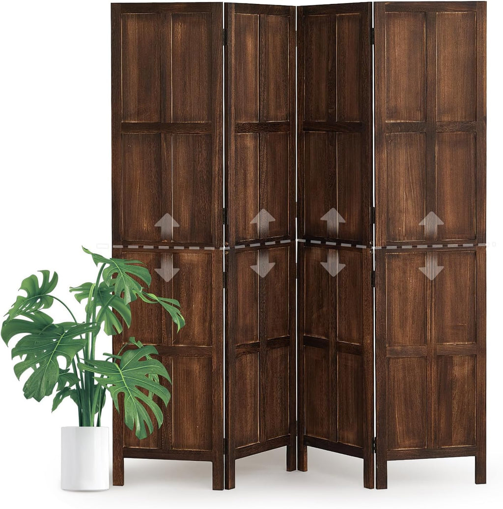 Wood 4 Panel Room Divider, 5.6Ft Detachable Folding Privacy Screen for Room Separation, 33.5" 2in1 Removable Short Wall Divider Screen for Home Office, Bedroom, Dog Gate for Isolate Dog-Brown
