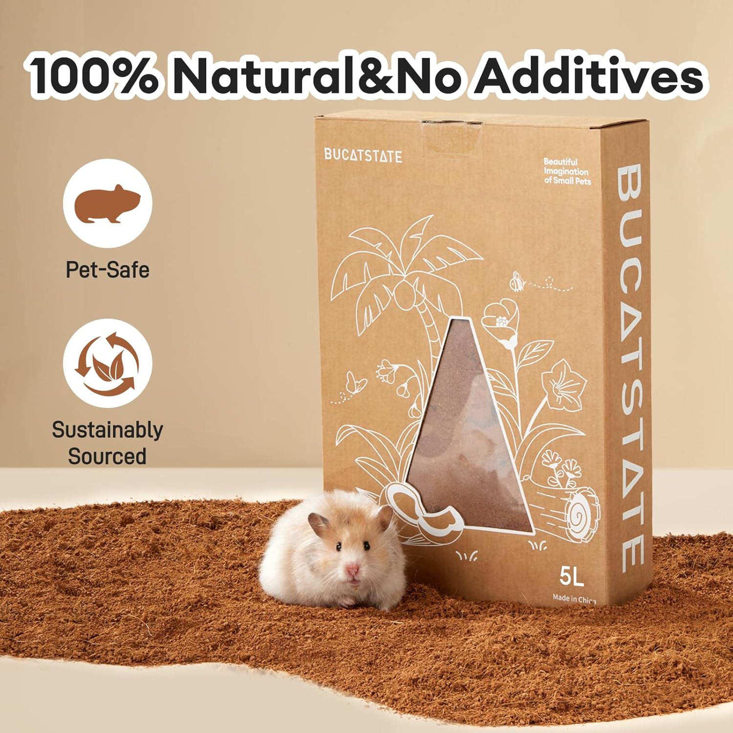 BUCATSTATE 5L Natural Coco Fiber Hamster Bedding, Soft Natural Coco Fiber Substrate for Small Pets & Dwarf Syrian Hamsters, Gerbils, Mice, Low-dust Hamster Hamsters