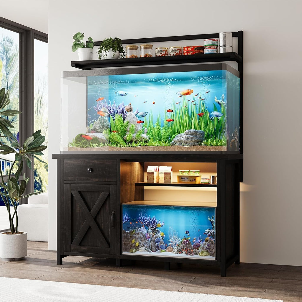 55-75 Gallon Fish Tank Stand with Power Outlet, Led Light, Heavy Duty Aquarium Stand with Cabinet for Fish Tank Accessories Storage, Shelf, for Turtle Tank, Reptile Terrarium, 1100 LBS (Oak)