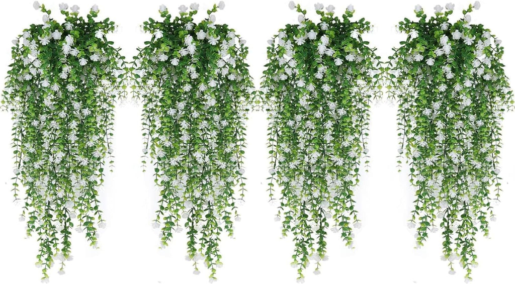 WEISPARK Artificial Hanging Flowers, 12pcs Fake Eucalyptus Vine Faux Flower Greenery Garland Plastic Plants for Indoor Outdoor Wall Garden Wedding Home Party Decor (12pcs White)
