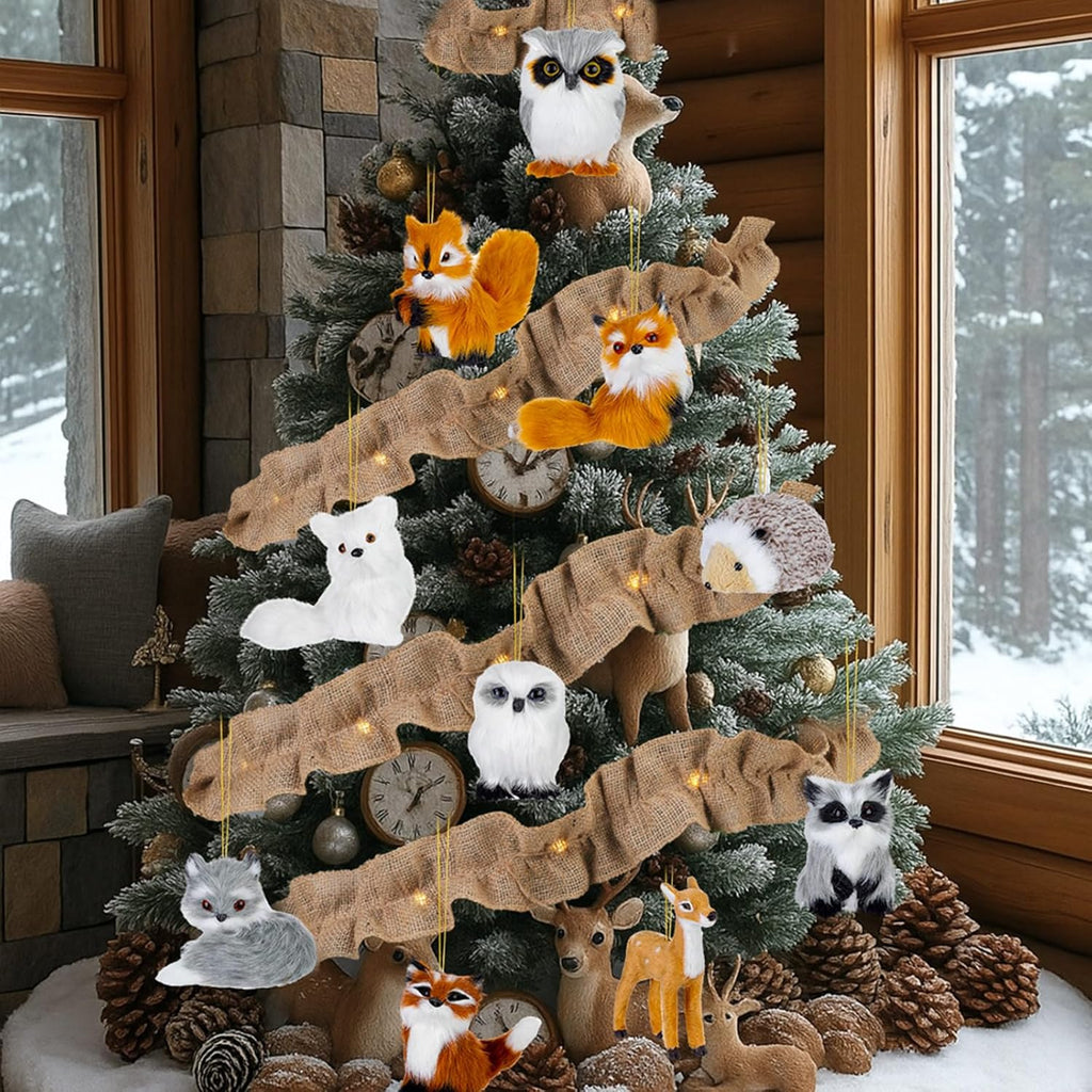 Tudomro 25 Pcs Woodland Christmas Ornaments Set 10 Plush Forest Animal Christmas Ornament 14 Pine Cones Decoration 12 ft Lighted Burlap Ribbon Garland for Xmas Tree Country Rustic Farmhouse Decor