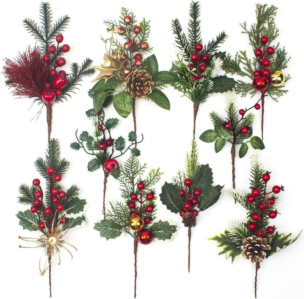 10 Set Artificial Pine Picks Christmas Pine Picks Pine Needles Branches with Red Berry Pinecones Berry Branches Fake Berries for Flower Arrangements Wreaths Xmas Tree Decoration