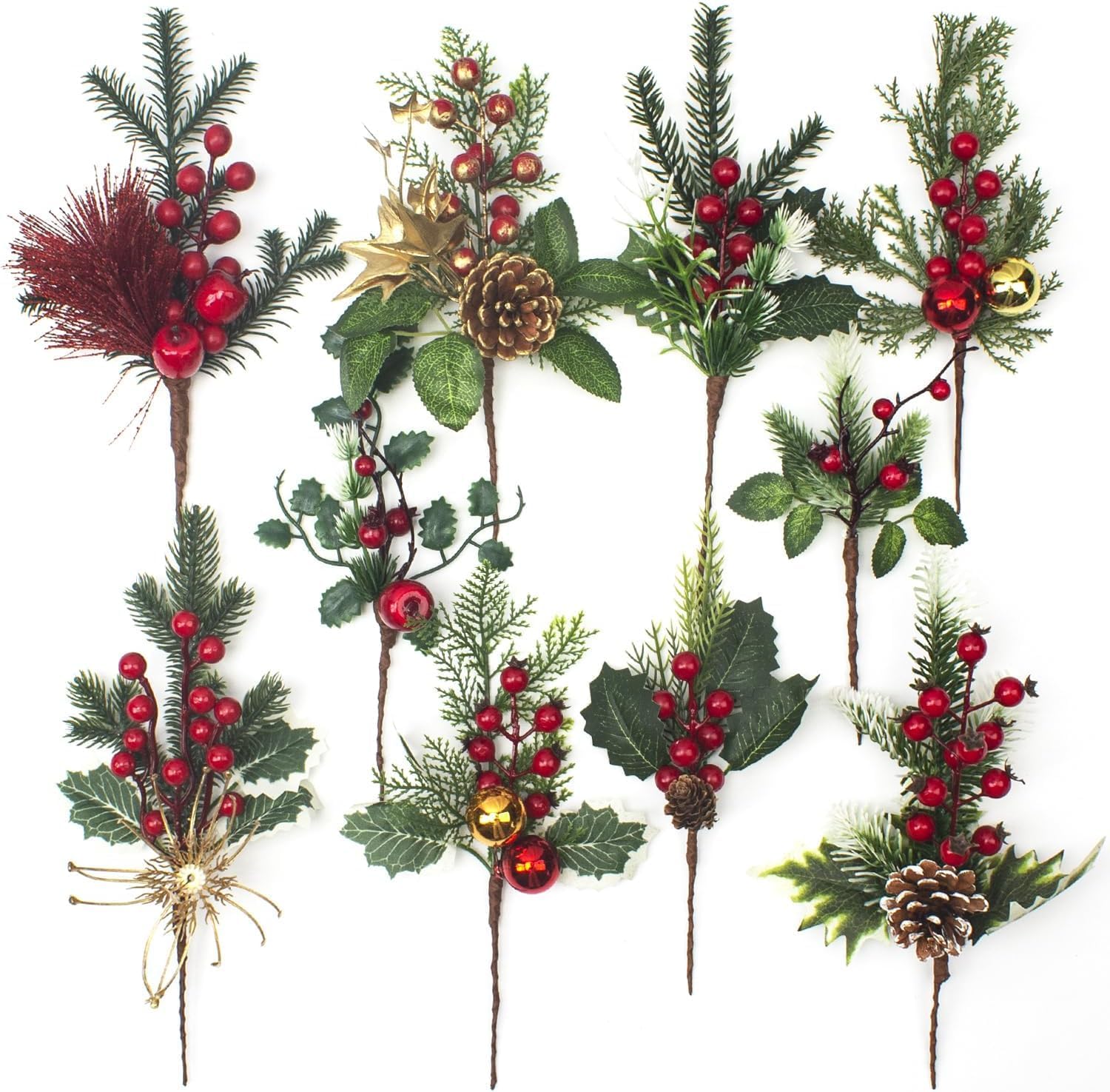 10 Set Artificial Pine Picks Christmas Pine Picks Pine Needles Branches with Red Berry Pinecones Berry Branches Fake Berries for Flower Arrangements Wreaths Xmas Tree Decoration