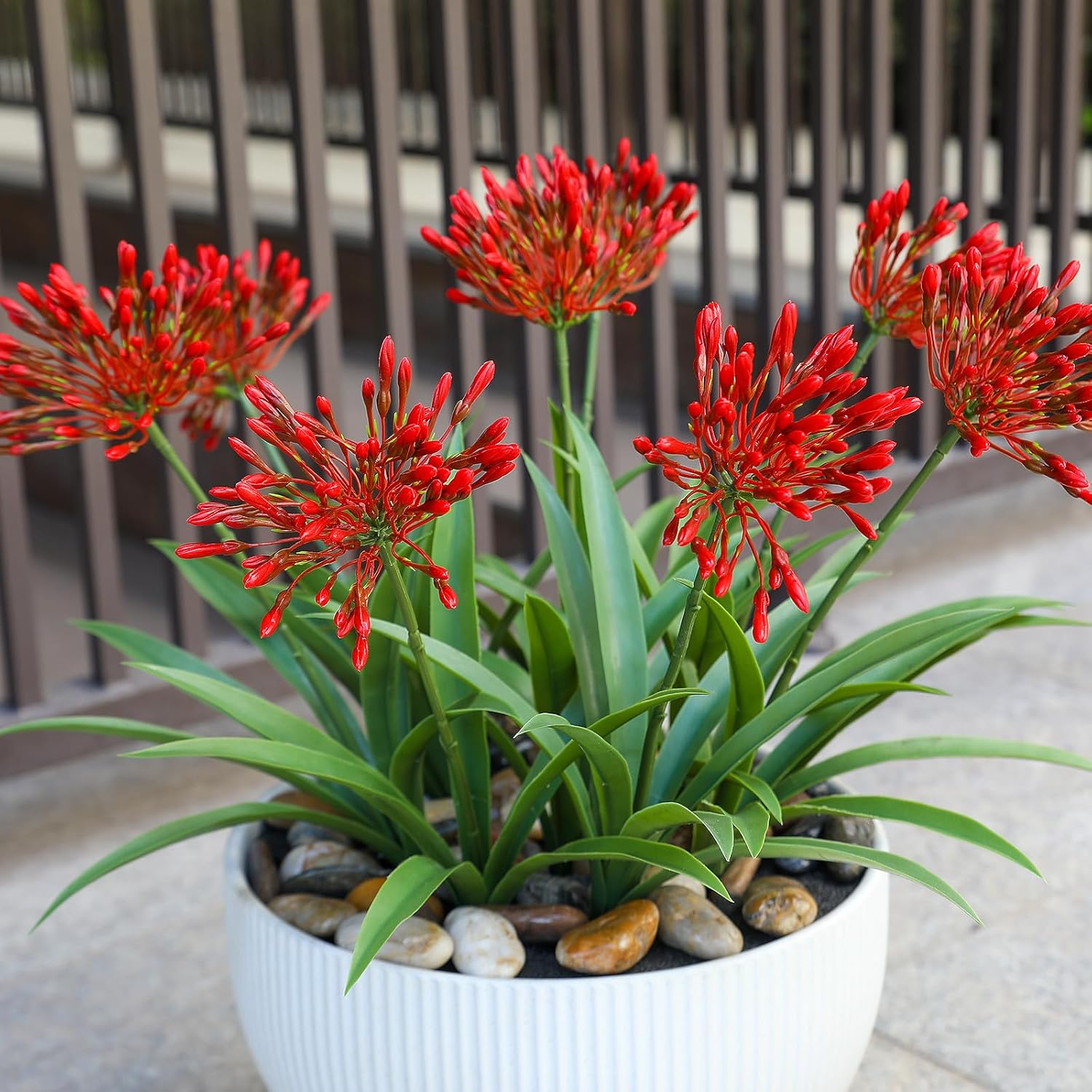 Artificial Flowers for Outdoors 18.9 in Large Fake Plants Outdoor Red Flower Agapanthus Spring Summer Decoration Outside for Front Porch Garden Window Box Decortion