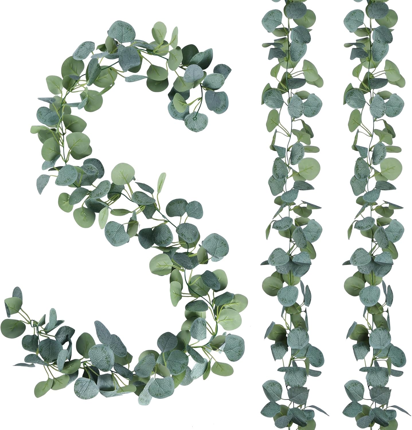 Sggvecsy 4 Pack Artificial Eucalyptus Garland Greenery Leaves Handmade 3D Silk Vines Silver Dollar Leaves Faux Leaf Plants for Wedding Wall Table Party Home Fireplace Bedroom Decor