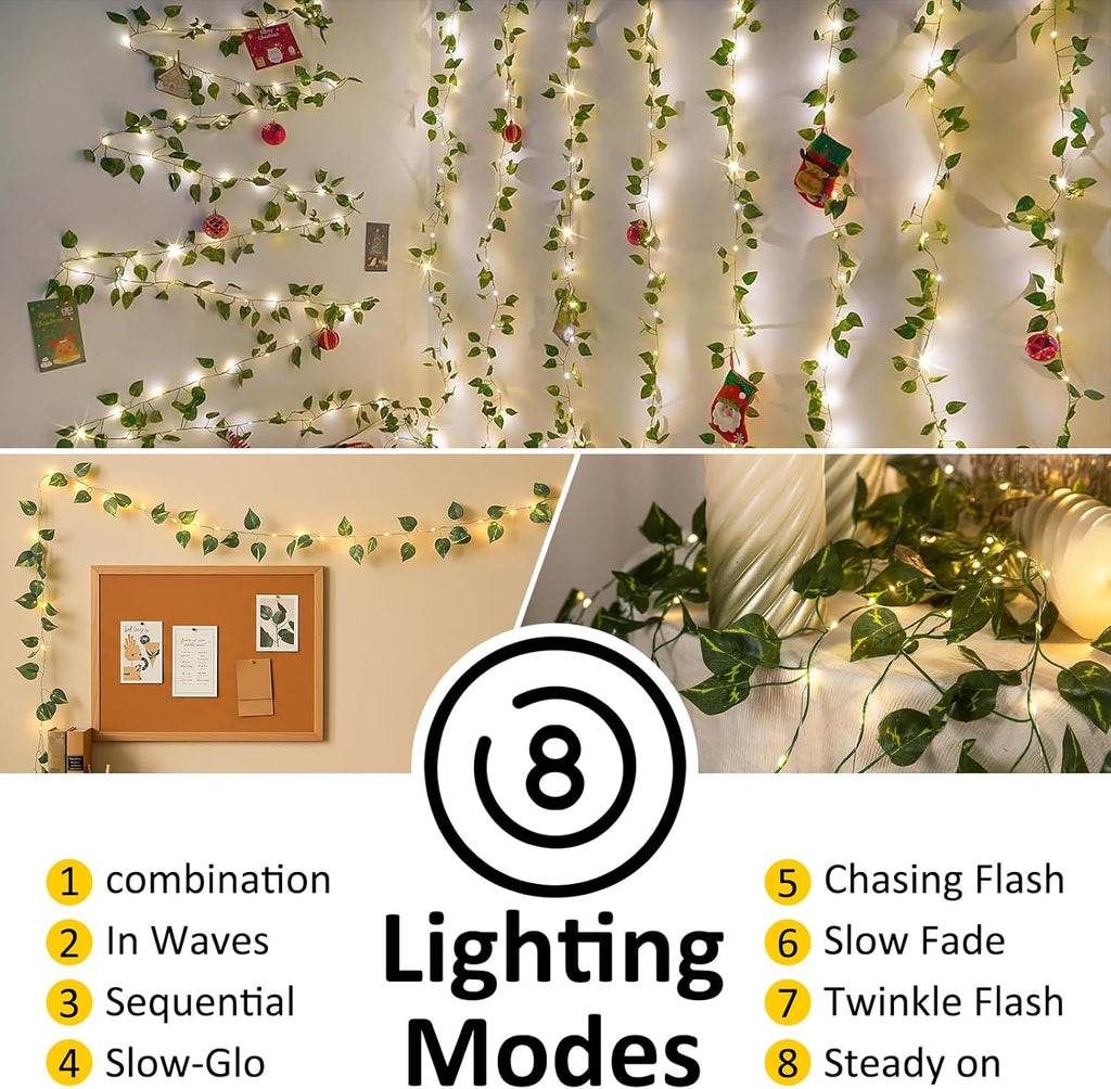 33Ft Vine with Fairy Lights Battery Operated, 100 LED Pothos Leaf Vine Lights with Remote, Leaf Lights for Bedroom Room Wall Garden Party Wedding Decor (Warm White)
