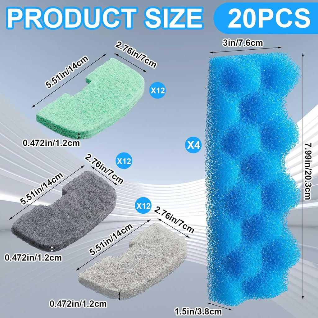 20 Pcs Aquarium Filters Replacement Filter Media Kits Compatible with Fluval 206/207, Including 2 Biological Foams, 6 Ammonia / 6 Phosphate / 6 Nitrite Remover