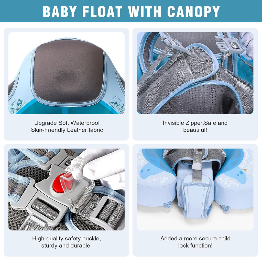 Mambobaby Baby Pool Float with Removable Sun Canopy - Non Inflatable Infant Swim Float with Anti-Flip Tail Design, Waterproof & Skin-Friendly Baby Float for Swimming (3-24 Months)