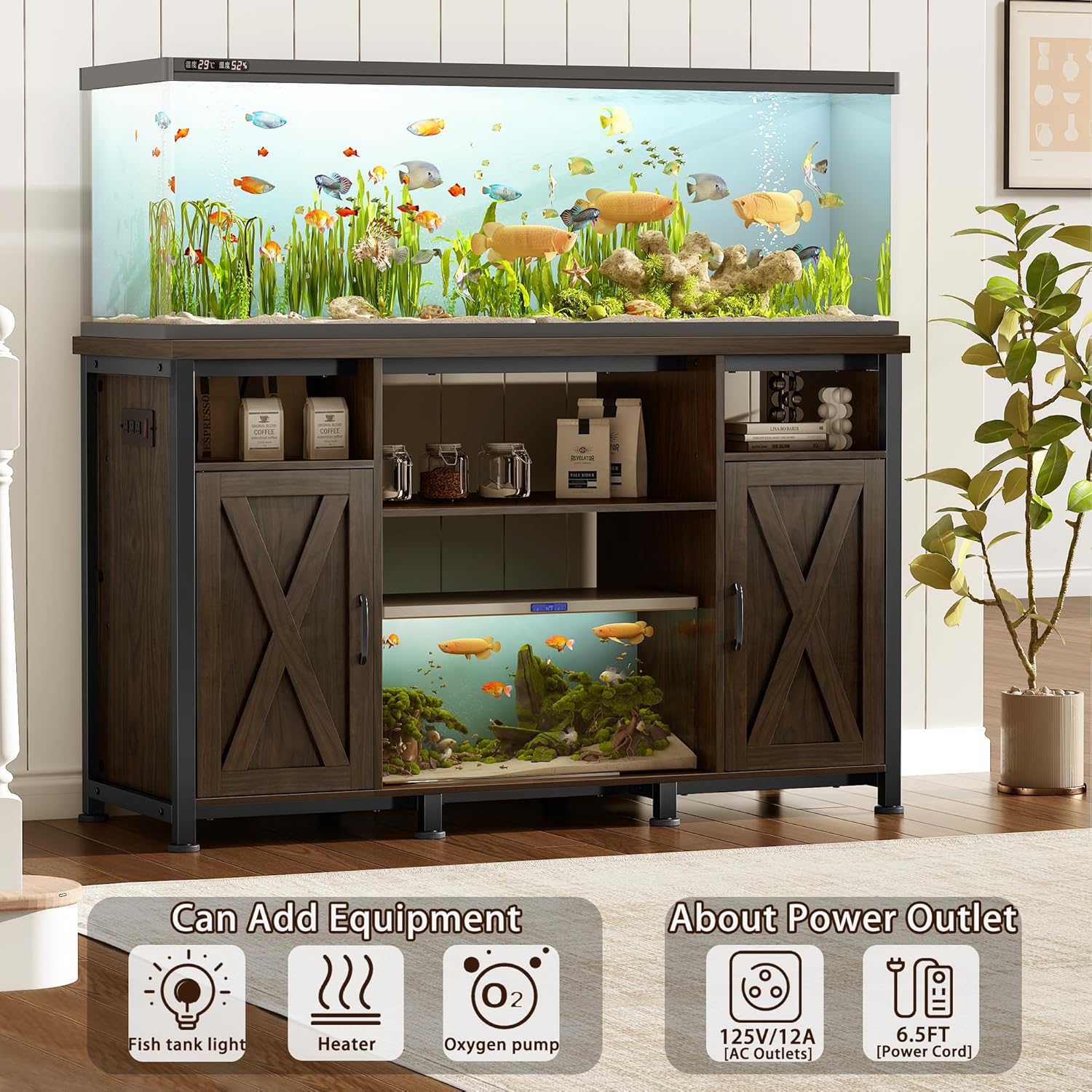 55-90 Gallon Fish Tank Stand with Power Outlets, Aquarium Stand with Cabinet, Heavy Duty Reptile Tank Turtle Terrariums Table for Fish Tank Accessories Storage, 52" L x 19.7" W, 1000LBS Capacity