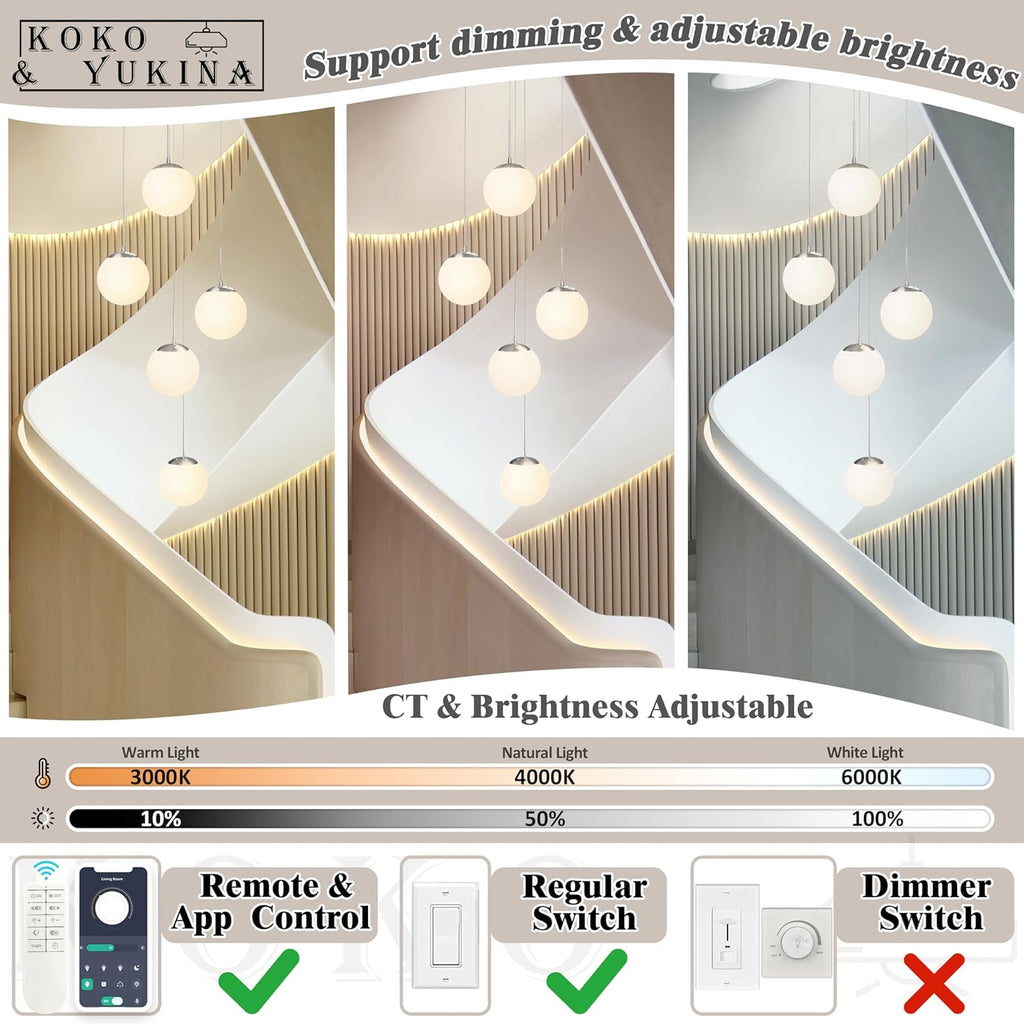 KoKo&Yukina 5-Light Globe Glass Pendant Light Adjustable Length Pendant Lights Fixtures Modern Nickel Chandelier with Milky White Glass Ceiling Lights for Foyer Hallway Bedroom (Bulb & Remote Incl.)